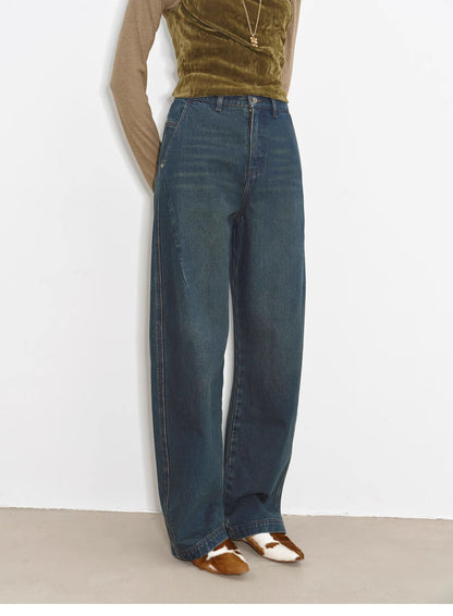 Slim and Durable Mid-Rise Curved Knife Cotton Washed Jeans