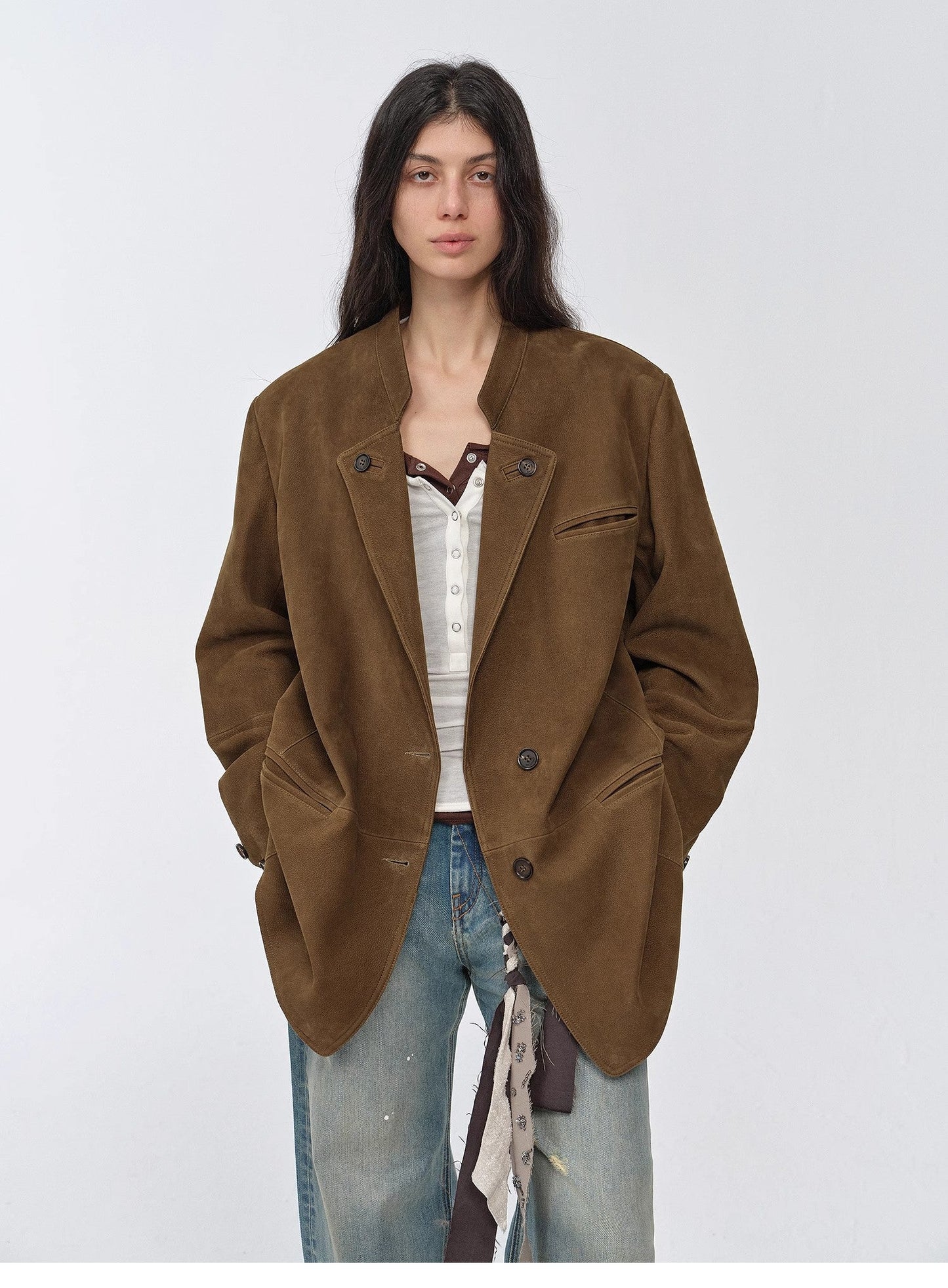 Vintage Nubuck Goatskin Leather Mid-Length Suit Jacket – Retro Heritage Meets Modern Elegance