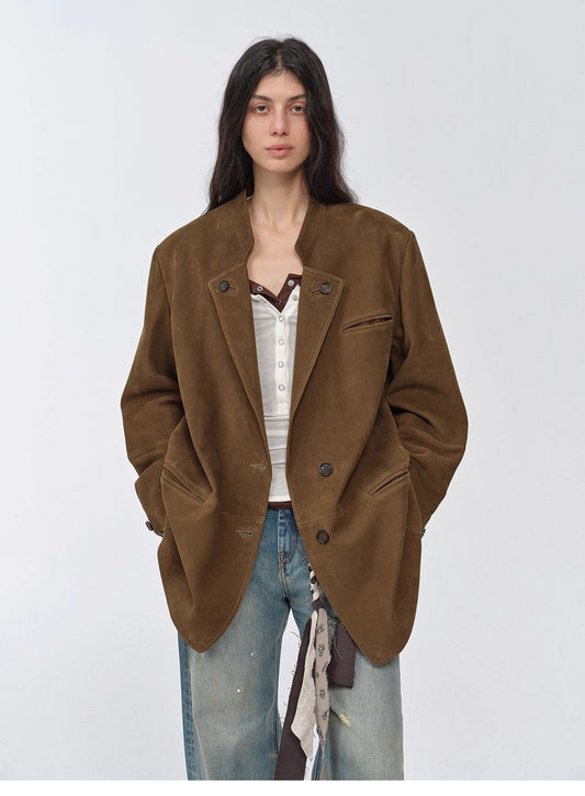 Vintage Nubuck Goatskin Leather Mid-Length Suit Jacket – Retro Heritage Meets Modern Elegance