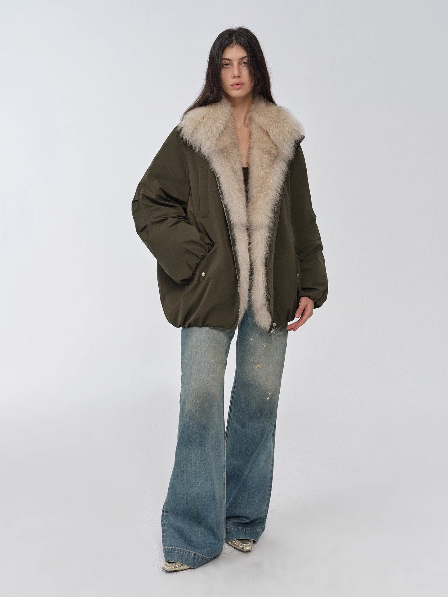 Fireladyfur Women's Mid-Length Two-Tone Fox Fur Down Jacket