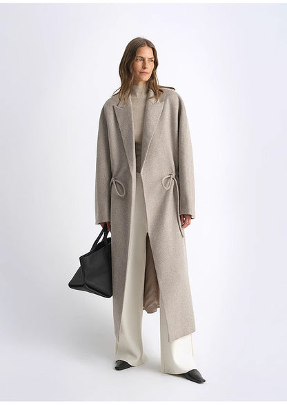 Original Wool Peaked Lapel Drawstring Coat – Elegant Mid-Length Style