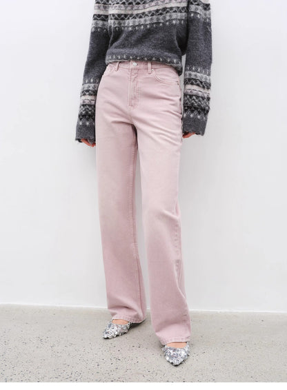 Fireladyfur Pink Vintage Straight Jeans – All-Match Casual Denim