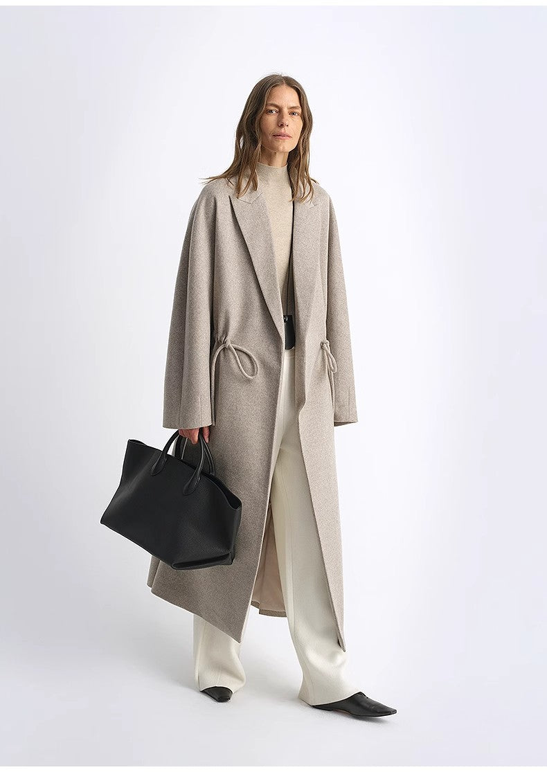 Original Wool Peaked Lapel Drawstring Coat – Elegant Mid-Length Style