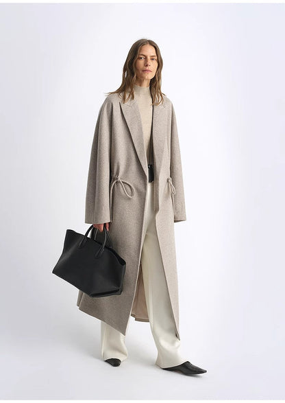 Original Wool Peaked Lapel Drawstring Coat – Elegant Mid-Length Style