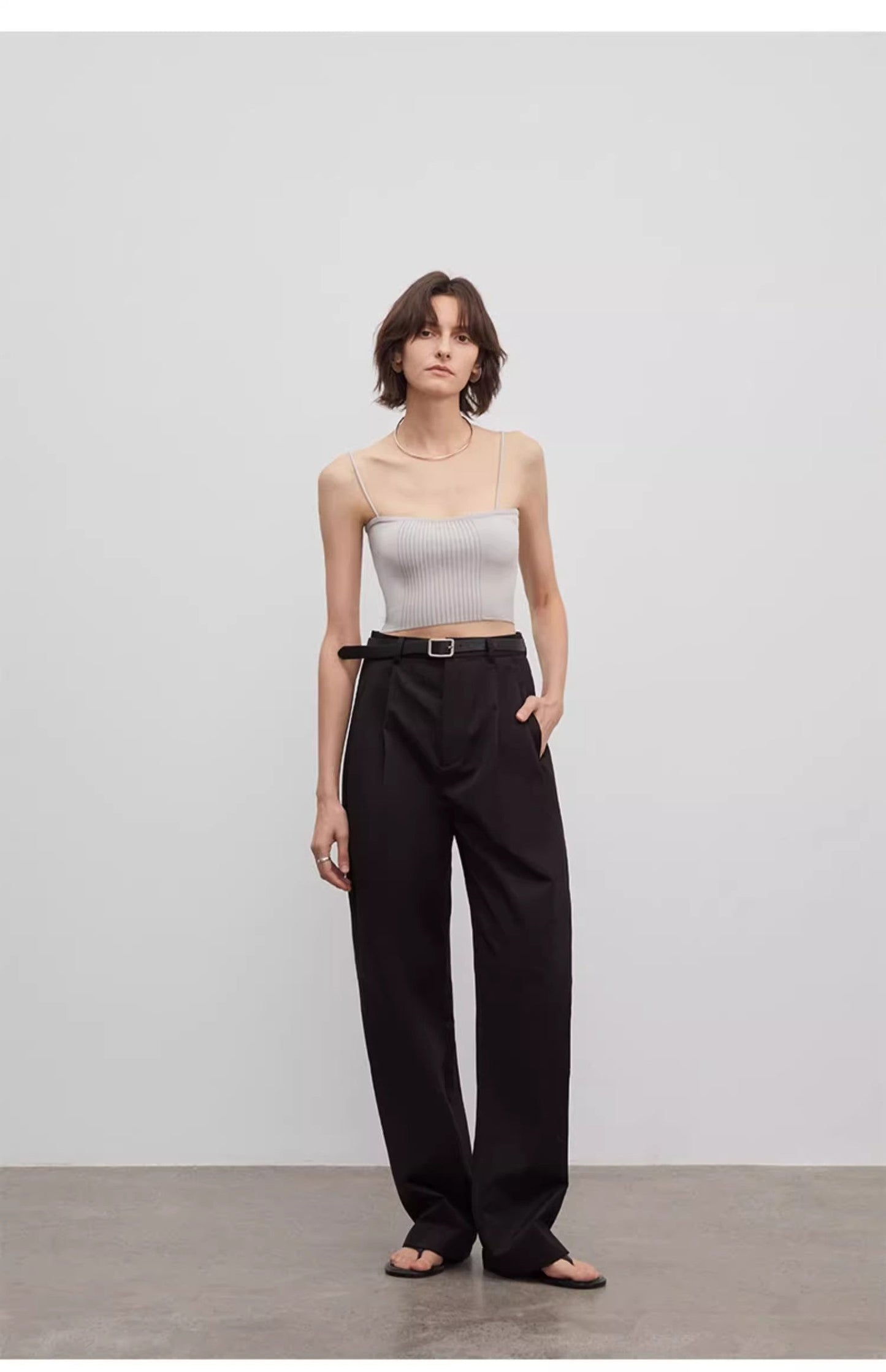 Spliced Double-Pleat Wide-Leg Trousers Straight-Leg Trousers