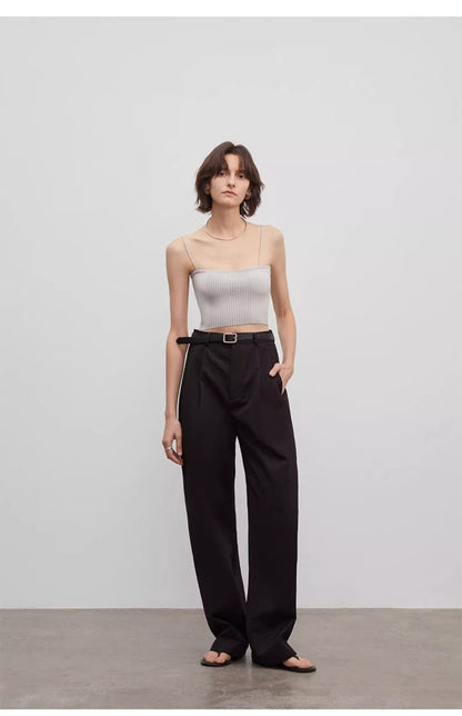 Spliced Double-Pleat Wide-Leg Trousers Straight-Leg Trousers