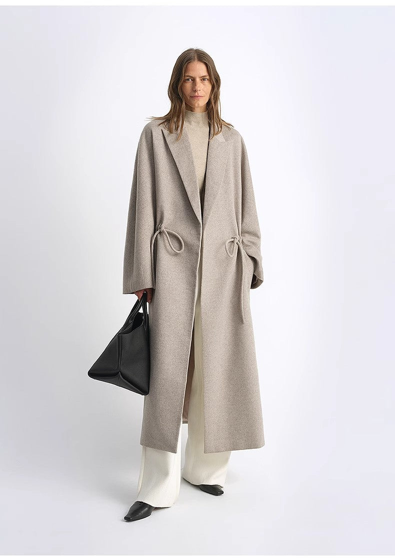 Original Wool Peaked Lapel Drawstring Coat – Elegant Mid-Length Style