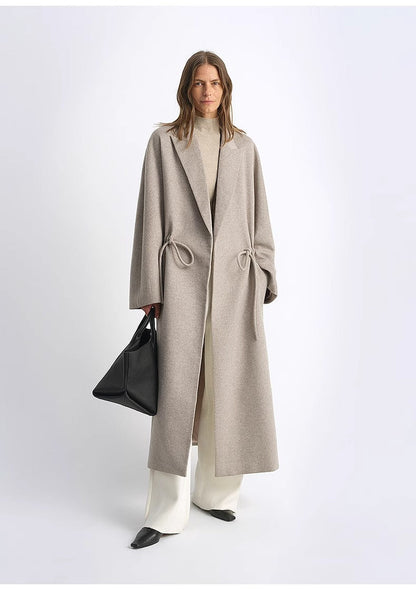 Original Wool Peaked Lapel Drawstring Coat – Elegant Mid-Length Style