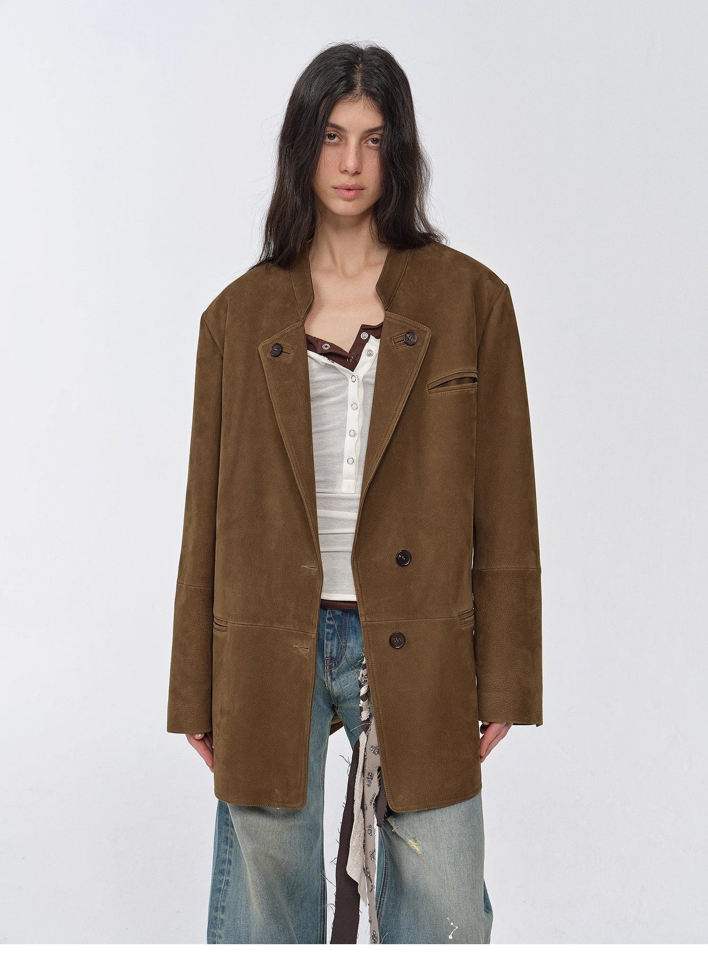 Vintage Nubuck Goatskin Leather Mid-Length Suit Jacket – Retro Heritage Meets Modern Elegance