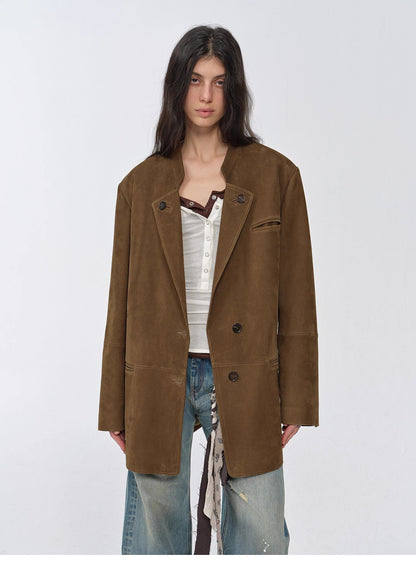 Vintage Nubuck Goatskin Leather Mid-Length Suit Jacket – Retro Heritage Meets Modern Elegance