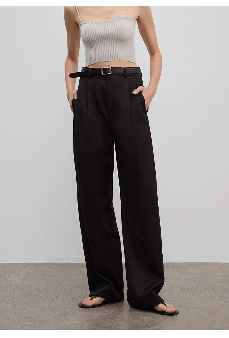 Spliced Double-Pleat Wide-Leg Trousers Straight-Leg Trousers