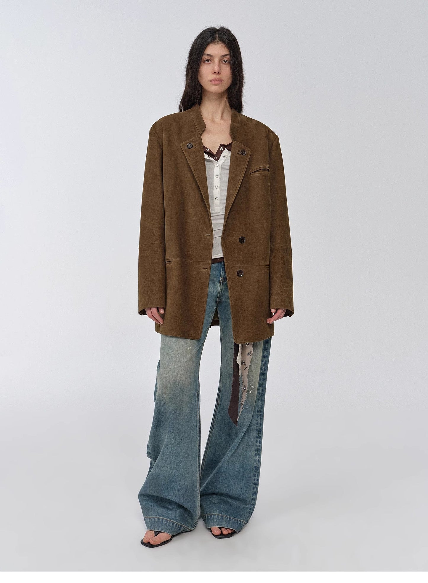 Vintage Nubuck Goatskin Leather Mid-Length Suit Jacket – Retro Heritage Meets Modern Elegance