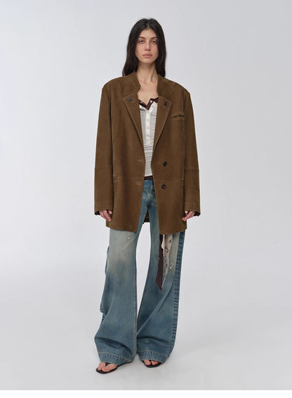 Vintage Nubuck Goatskin Leather Mid-Length Suit Jacket – Retro Heritage Meets Modern Elegance