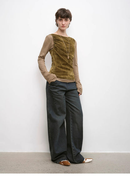 Slim and Durable Mid-Rise Curved Knife Cotton Washed Jeans