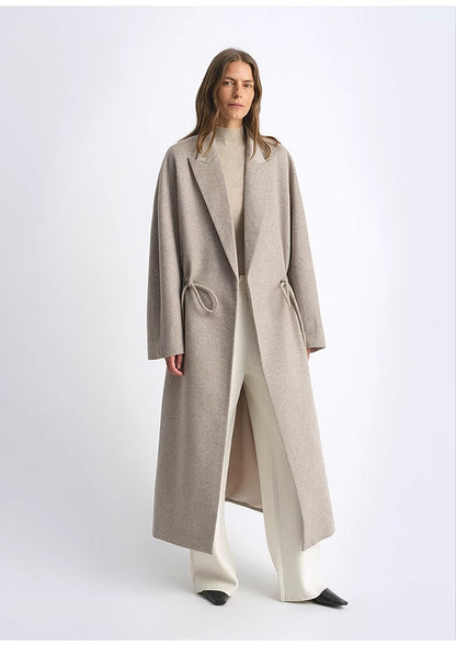 Original Wool Peaked Lapel Drawstring Coat – Elegant Mid-Length Style