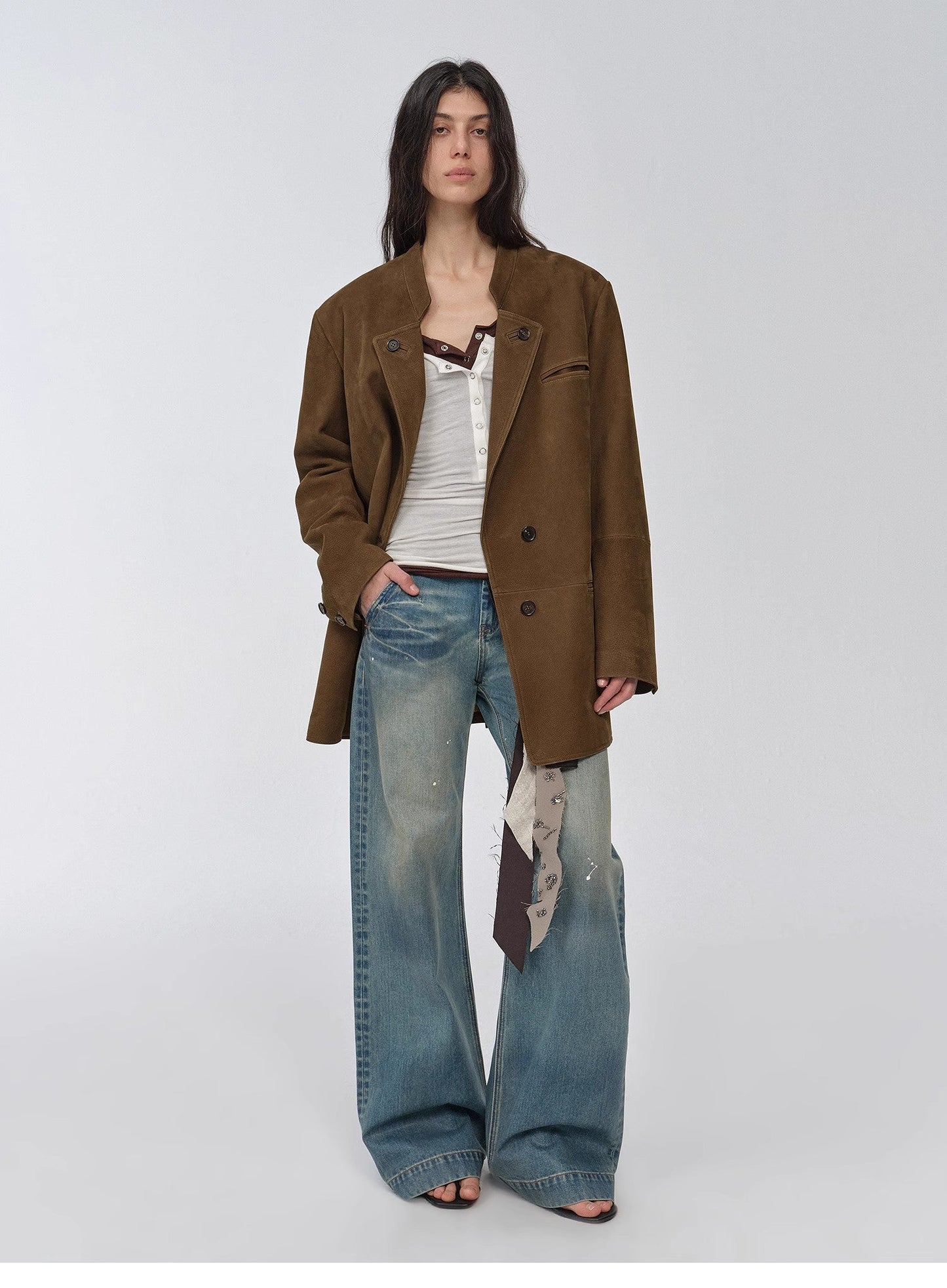 Vintage Nubuck Goatskin Leather Mid-Length Suit Jacket – Retro Heritage Meets Modern Elegance