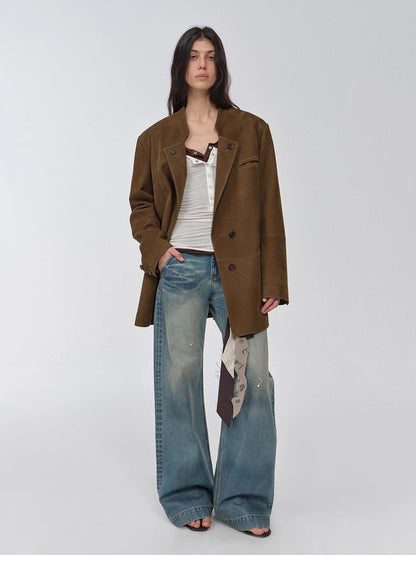 Vintage Nubuck Goatskin Leather Mid-Length Suit Jacket – Retro Heritage Meets Modern Elegance