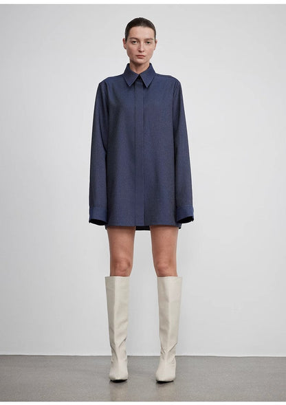 High-End Draped Long Shirt – Elegant Two-Button Straight Fit with Embroidered Cuffs