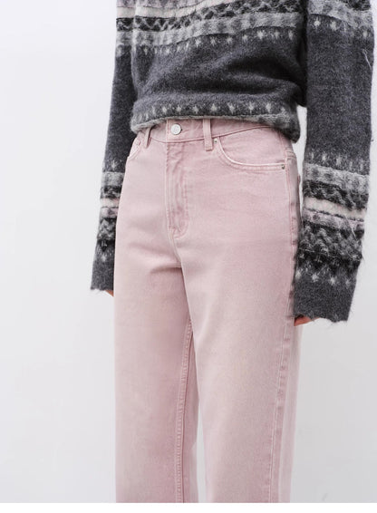 Fireladyfur Pink Vintage Straight Jeans – All-Match Casual Denim