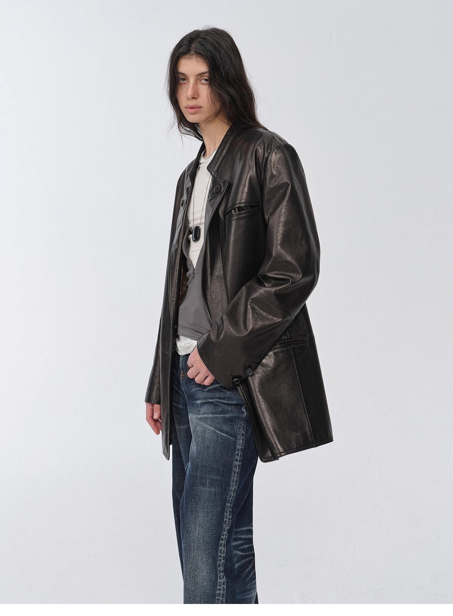 Vintage Nubuck Goatskin Leather Mid-Length Suit Jacket – Retro Heritage Meets Modern Elegance