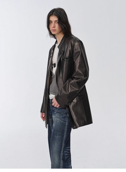 Vintage Nubuck Goatskin Leather Mid-Length Suit Jacket – Retro Heritage Meets Modern Elegance