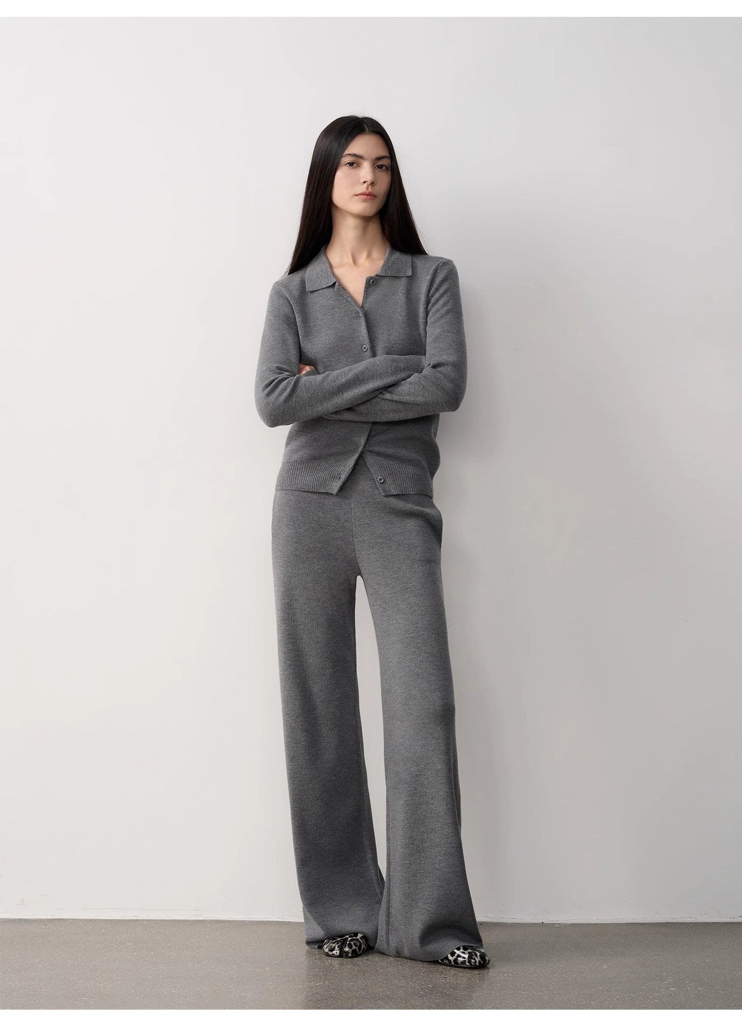 Merino Wool Knit Set – Polo Cardigan & Straight-Leg Pants