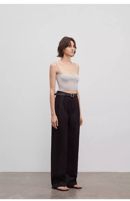 Spliced Double-Pleat Wide-Leg Trousers Straight-Leg Trousers