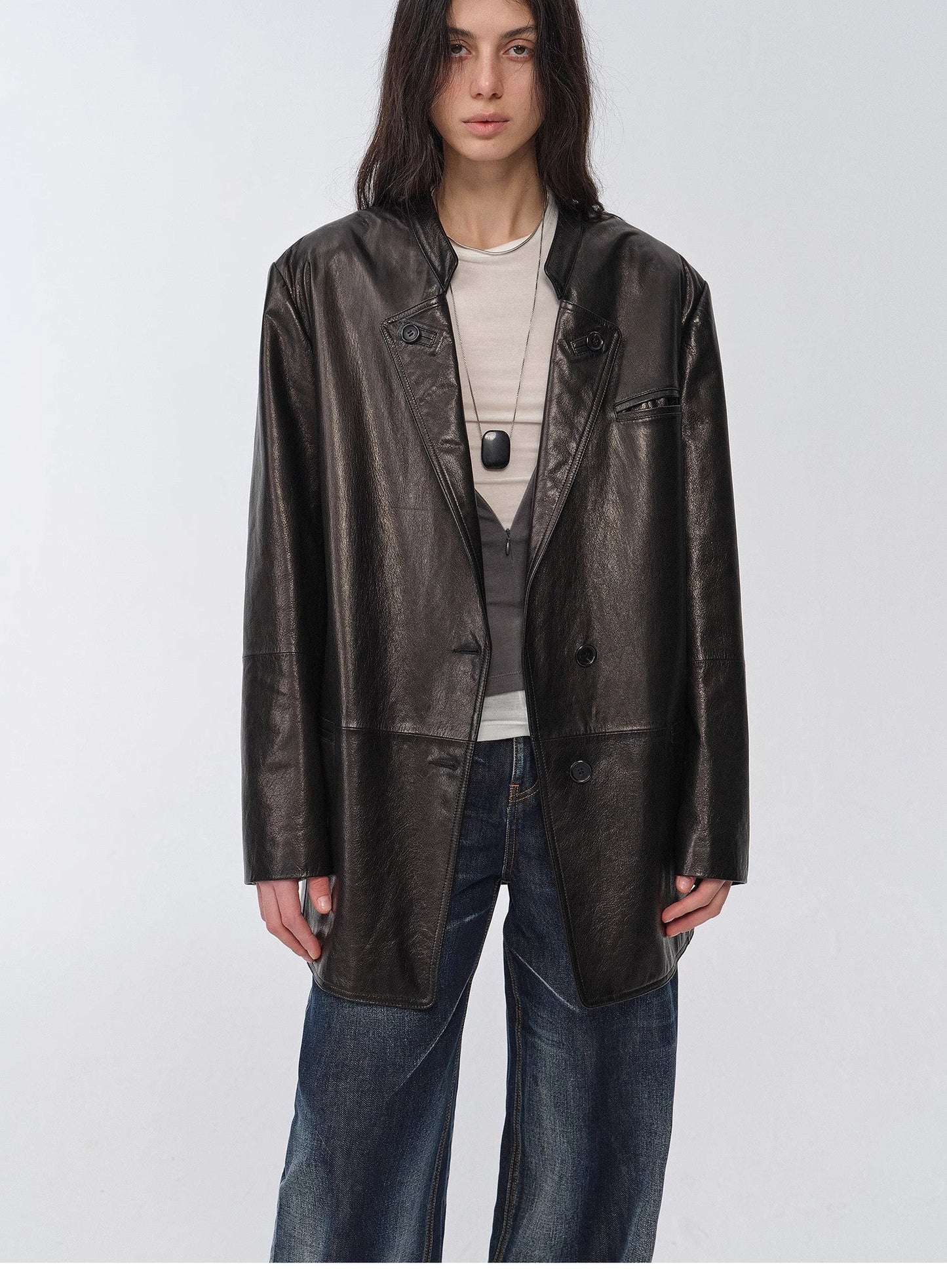 Vintage Nubuck Goatskin Leather Mid-Length Suit Jacket – Retro Heritage Meets Modern Elegance