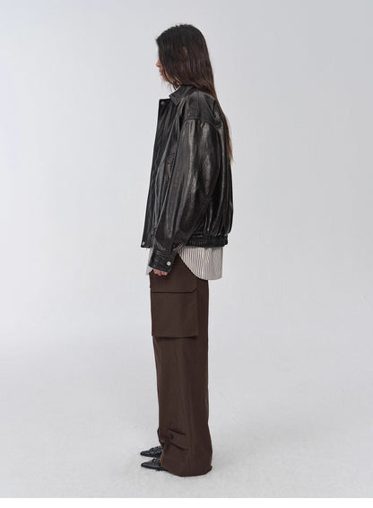 Retro and Fashionable Imported Waxed  Leather Bomber Jacket