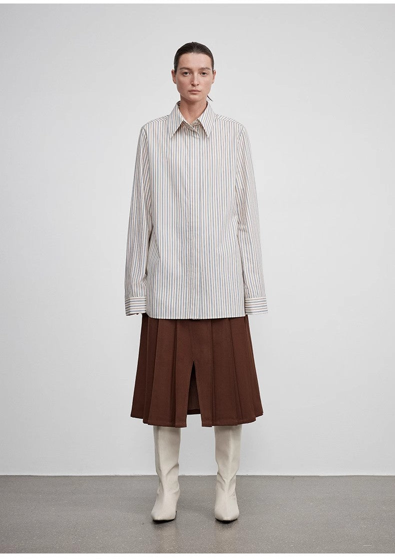 High-End Draped Long Shirt – Elegant Two-Button Straight Fit with Embroidered Cuffs