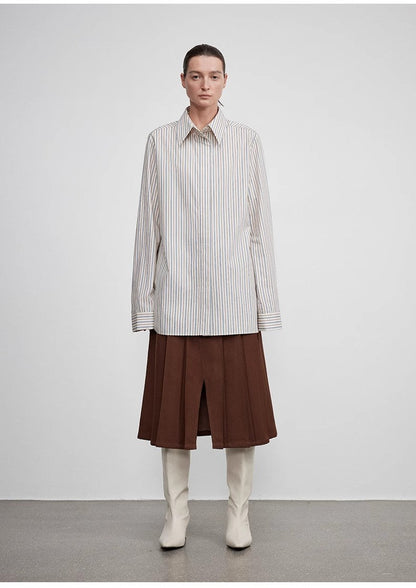 High-End Draped Long Shirt – Elegant Two-Button Straight Fit with Embroidered Cuffs