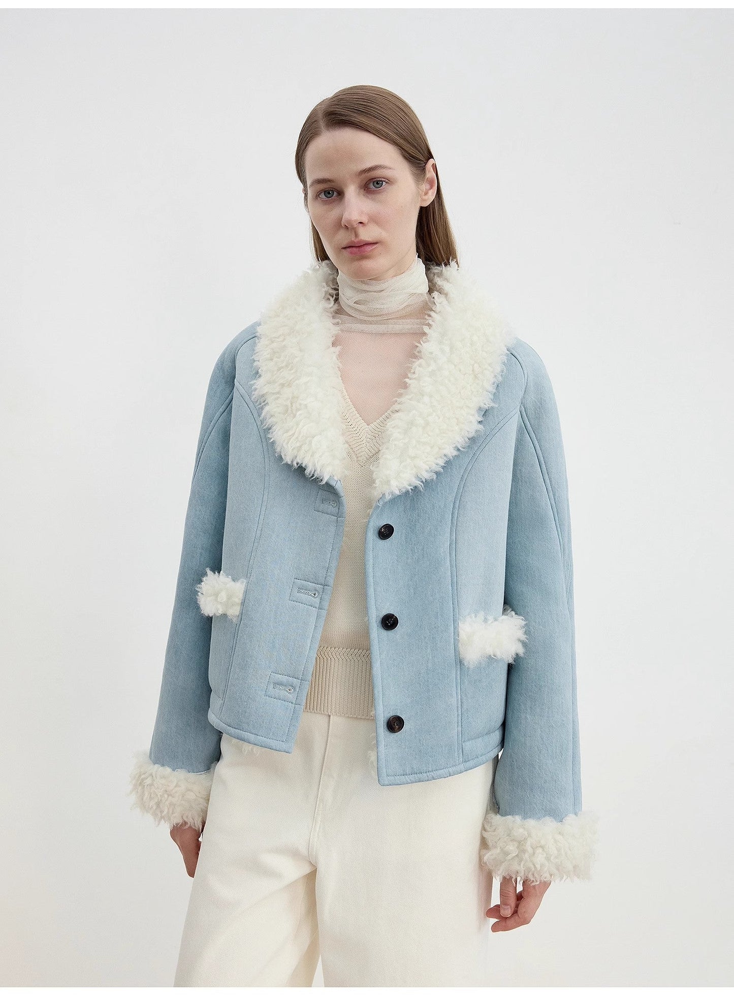Imported High-Quality Lamb Contrast Color Fruit Collar Short Wool Fur Coat
