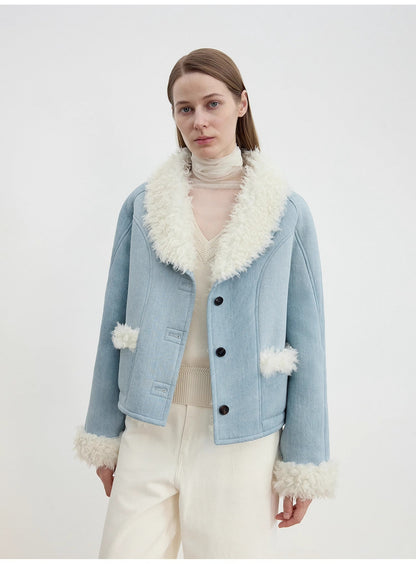 Imported High-Quality Lamb Contrast Color Fruit Collar Short Wool Fur Coat