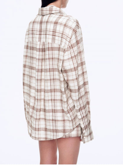 Plaid Sketch Vintage Linen Two-Piece Set – Retro Check Shirt & Skirt