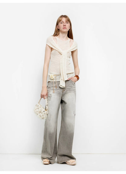 Heavy-Wash Light Gray Wide-Leg Jeans – Vintage Comfort & Style