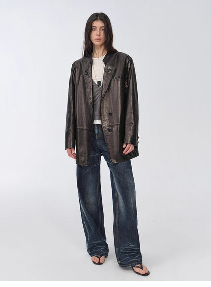 Vintage Nubuck Goatskin Leather Mid-Length Suit Jacket – Retro Heritage Meets Modern Elegance