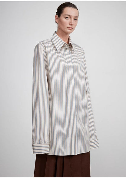 High-End Draped Long Shirt – Elegant Two-Button Straight Fit with Embroidered Cuffs