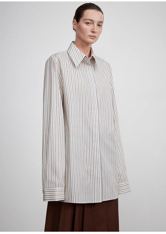 High-End Draped Long Shirt – Elegant Two-Button Straight Fit with Embroidered Cuffs