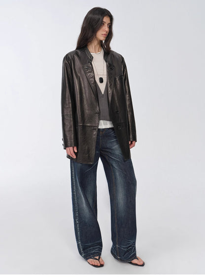 Vintage Nubuck Goatskin Leather Mid-Length Suit Jacket – Retro Heritage Meets Modern Elegance