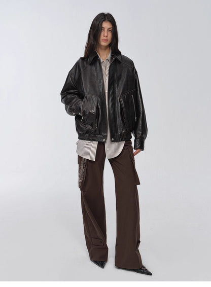 Retro and Fashionable Imported Waxed  Leather Bomber Jacket