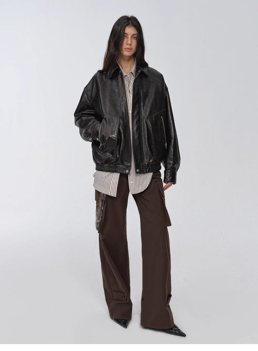 Retro and Fashionable Imported Waxed  Leather Bomber Jacket