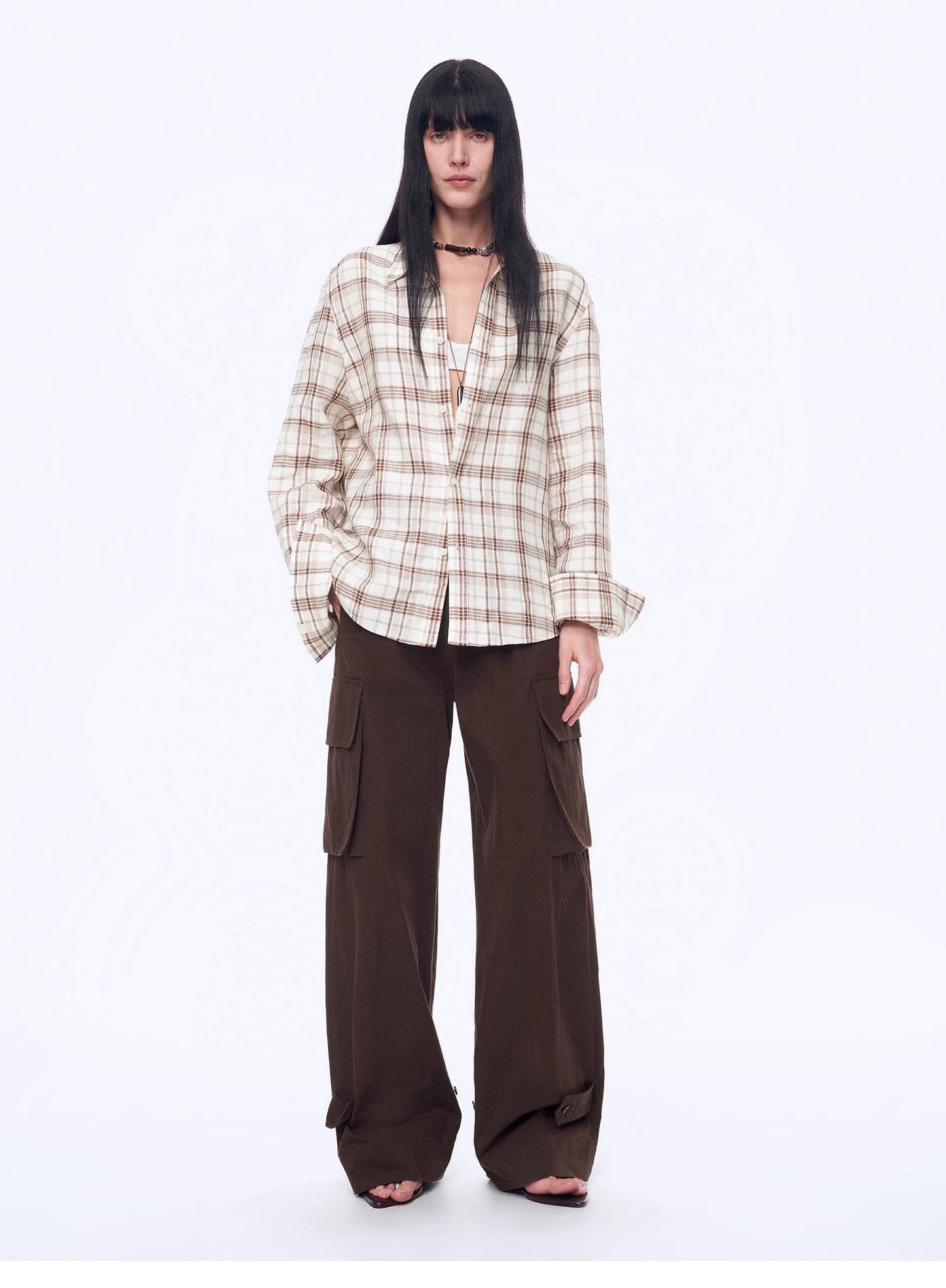 Plaid Sketch Vintage Linen Two-Piece Set – Retro Check Shirt & Skirt