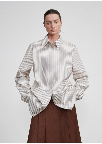 High-End Draped Long Shirt – Elegant Two-Button Straight Fit with Embroidered Cuffs