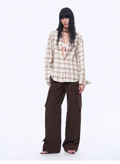 Plaid Sketch Vintage Linen Two-Piece Set – Retro Check Shirt & Skirt