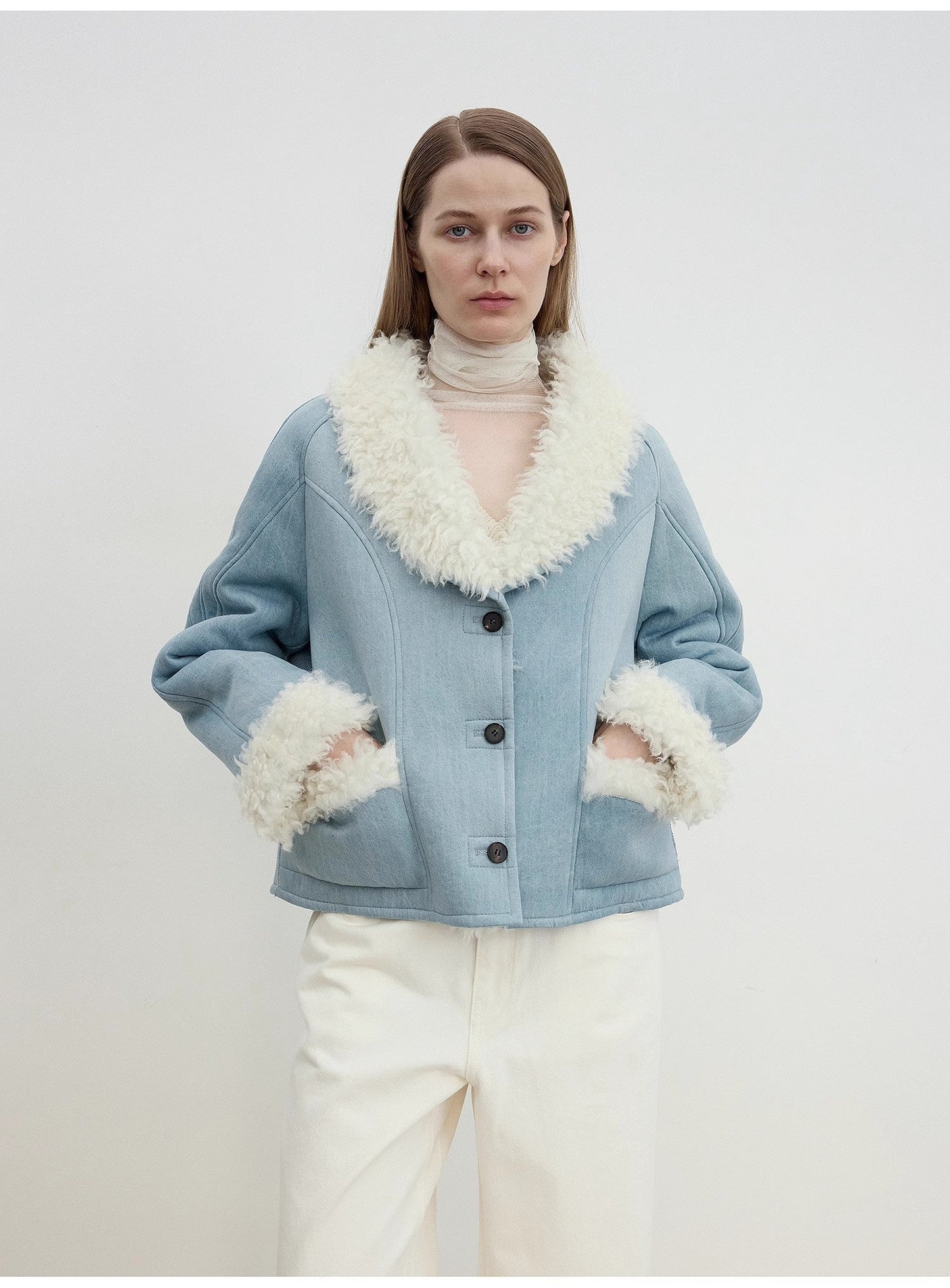 Imported High-Quality Lamb Contrast Color Fruit Collar Short Wool Fur Coat