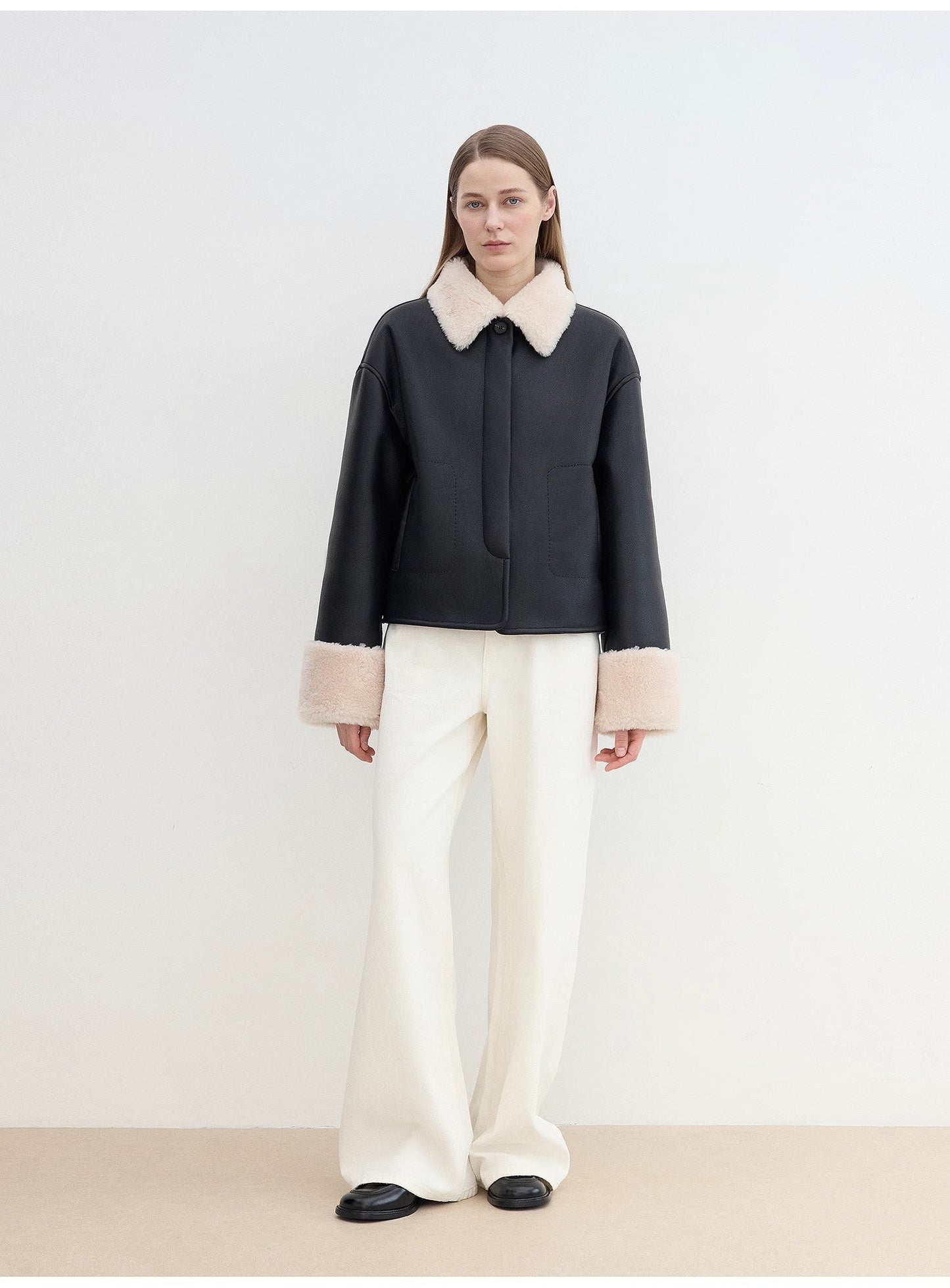 Fireladyfur Women's Casual Shearling Jacket With Furry Lapel