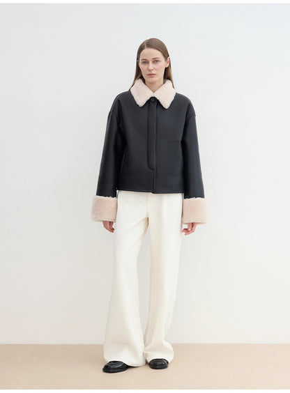 Fireladyfur Women's Casual Shearling Jacket With Furry Lapel