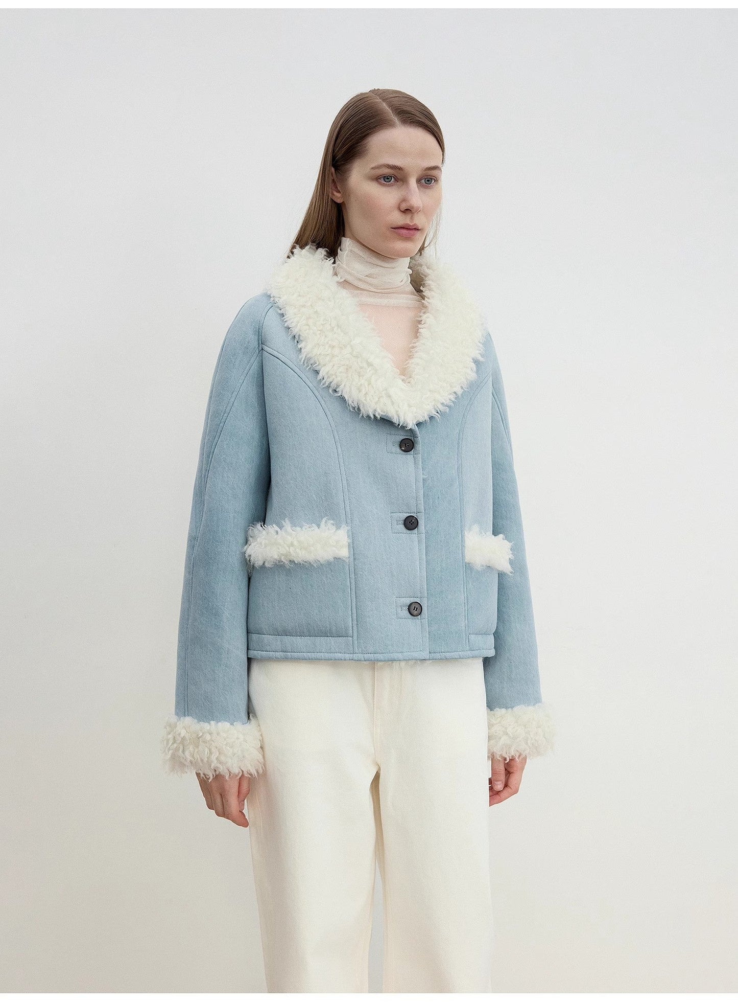 Imported High-Quality Lamb Contrast Color Fruit Collar Short Wool Fur Coat