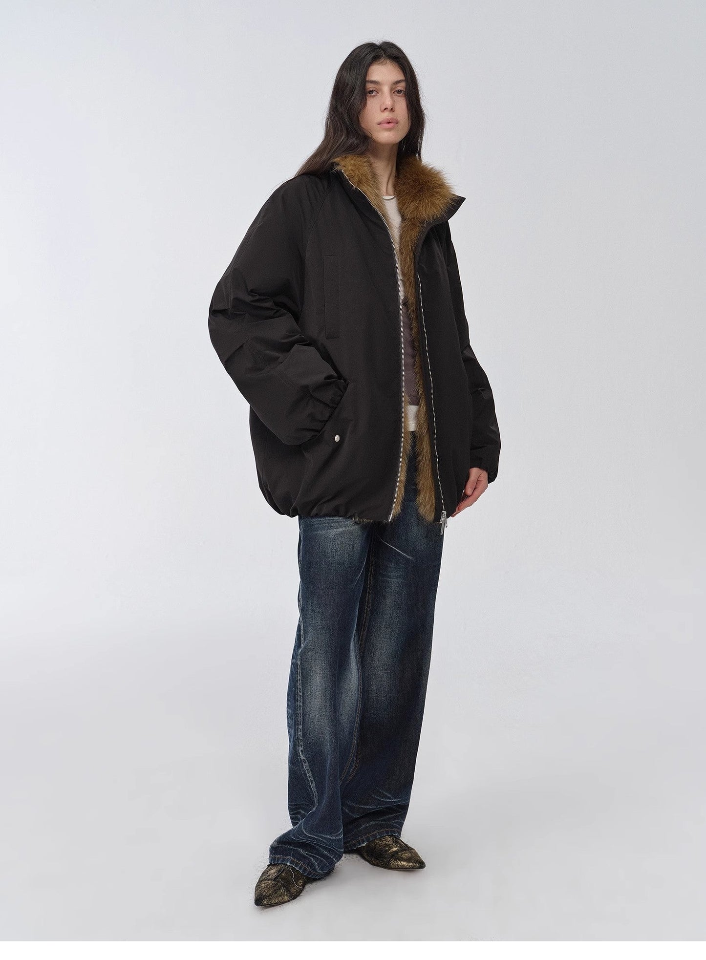 Fireladyfur Women's Mid-Length Two-Tone Fox Fur Down Jacket