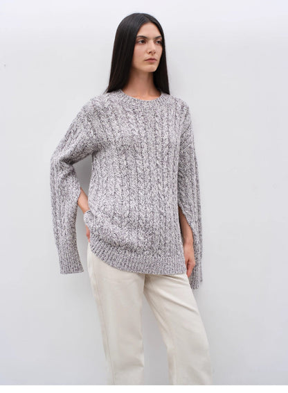 Cable-Cut Round Neck Wool Blend Sweater